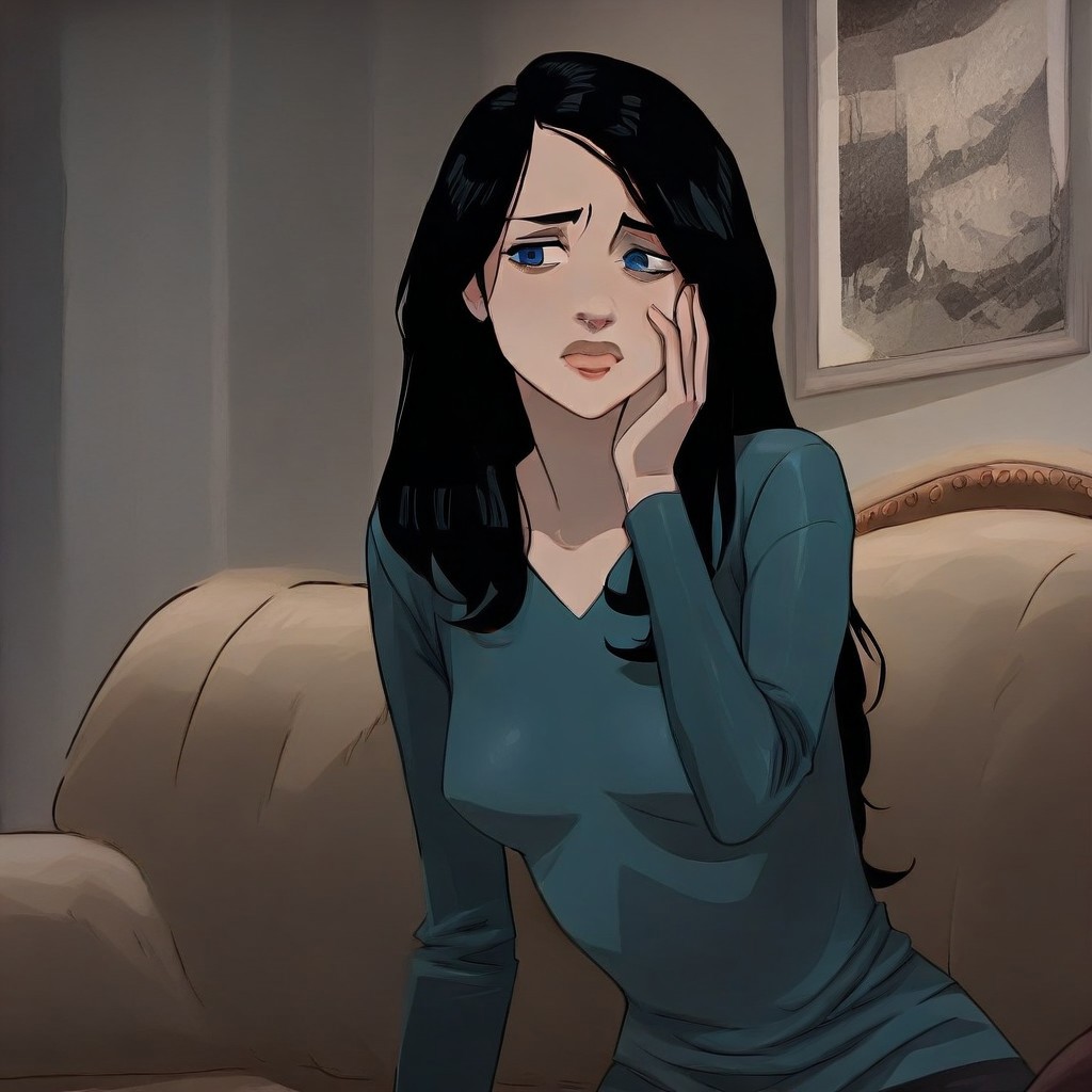 masterpiece, newest,absurdres,incredibly absurdres, best quality, amazing quality, very aesthetic, 
,sitting, hand on  cheek ,
re4lity_sync_illu
,upper body, BeckDuv1, long black hair,long hair, black hair, lips,eye bags,blue eyes,  ,teal long-sleeve shirt, indoor, sofa,