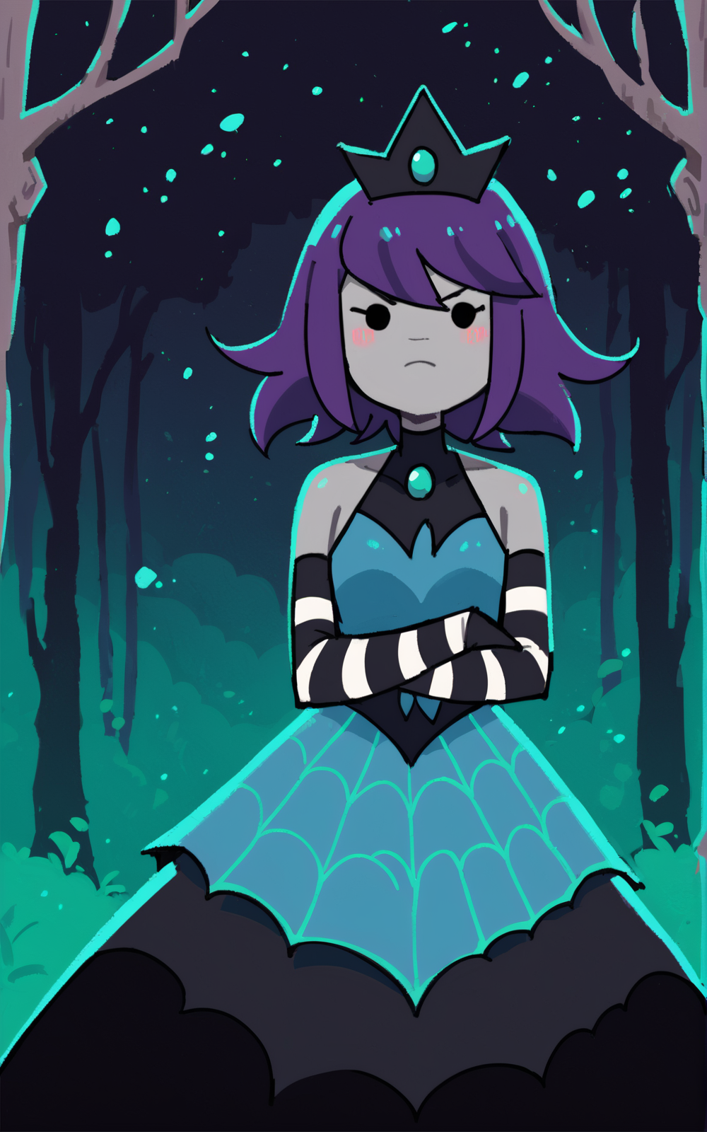 score_9, score_8_up, score_7_up,((best quality)), absurdres, <lora:BolivanteStyle:0.8>, <lora:NPATPXL:0.8>,NPATPXL,grey skin, black crown, dress, multicolored dress, gloves, striped, turtleneck, 1girl, solo, bare shoulders, purple hair, sleeveless, forest, crossed arms, night, black clouds