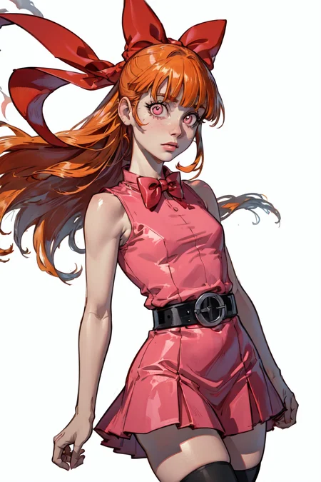 (Blossom:1.5), (orange hair, blunt bangs, straight hair, pink eyes:1.2), (hair bow, red bow, sleeveless pink dress, simple black belt, white thighhighs:1.2), (white background, plain background), (realistic:1.2), (masterpiece:1.2), (full-body-shot:1),(Cowboy-shot:1.2), neon lighting, dark romantic lighting, (highly detailed:1.2),(detailed face:1.2), (gradients), colorful, detailed eyes, (detailed landscape:1.2), (natural lighting:1.2), (neutral pose, looking at viewer:1.2), (solo, one person, one subject:1.5), <lora:Blossom-09:0.9> <lora:add_detail:0.15> <lora:hipoly3DModelLora_v10:0.05> <lora:RSERomantic_RSESofiko_RSEEmma-v1:0.1> <lora:BeautifulEyes:0.65>