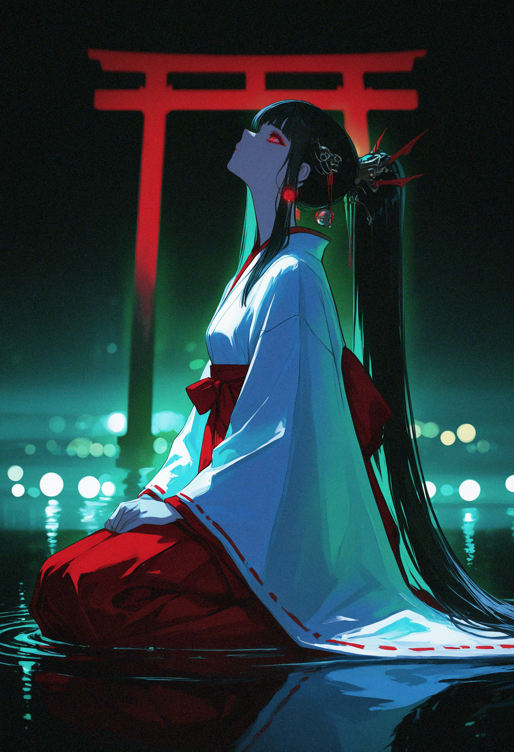 masterpiece, best quality, good quality, very awa, very aesthetic, absurdres, newest, Cyberpunk,
1girl, solo, miko, white kimono, black hair, long sleeves, makeup, hair ornament, red eyes, closed mouth, very long hair, ponytail, earrings, japanese clothes, see-through, wide sleeves, ribbon trim, hakama, jingle bell, ribbon-trimmed sleeves,eyeliner, red hakama, hakama skirt, seiza, jewelry, Girl Focus,
sitting, look up,firm look, night, glowing, partially submerged, ripples, reflection, reflective water, reflective floor, shallow water,
green background,Torii background, From Side, profile,
depth of field, bokeh,backlighting, dark_fantasy_style, dark fantasy, retro, <lora:ponyv6_noobV1_2_adamW-000017:0.7> <lora:USNR_STYLE_XL_lokr:0.45> <lora:745cmSDXLvpred75S:0.4> <lora:dark_fantasy_anime_illustriousXL:0.4>
