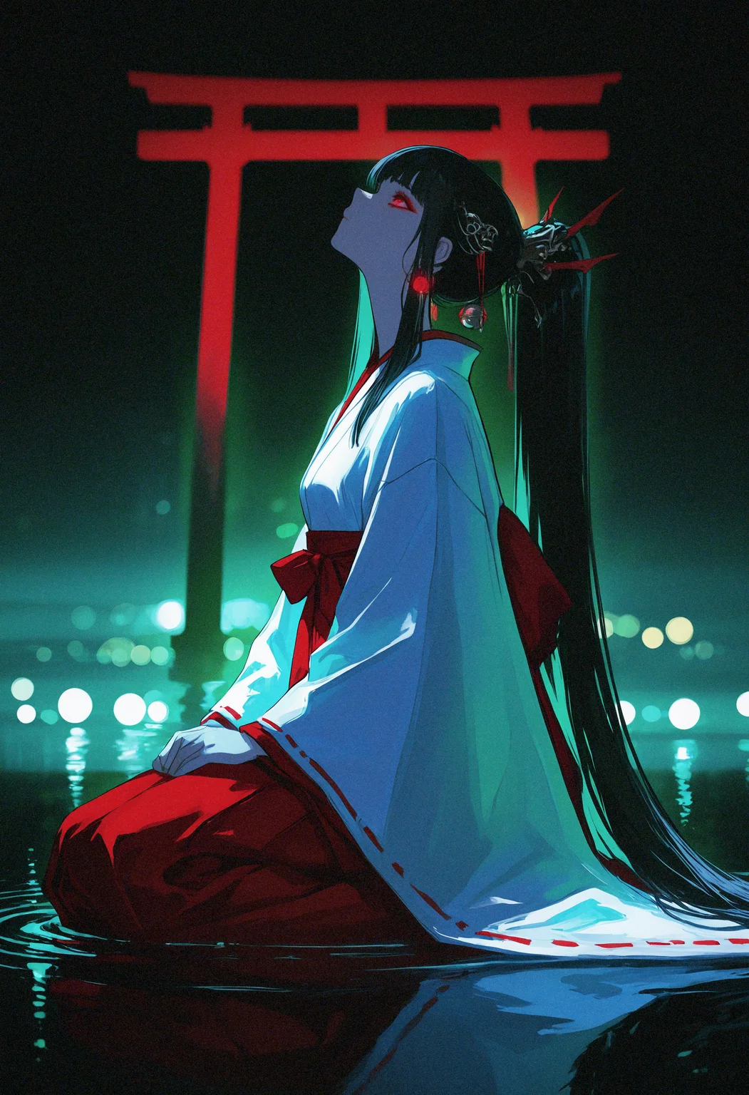 masterpiece, best quality, good quality, very awa, very aesthetic, absurdres, newest, Cyberpunk,
1girl, solo, miko, white kimono, black hair, long sleeves, makeup, hair ornament, red eyes, closed mouth, very long hair, ponytail, earrings, japanese clothes, see-through, wide sleeves, ribbon trim, hakama, jingle bell, ribbon-trimmed sleeves,eyeliner, red hakama, hakama skirt, seiza, jewelry, Girl Focus,
sitting, look up,firm look, night, glowing, partially submerged, ripples, reflection, reflective water, reflective floor, shallow water,
green background,Torii background, From Side, profile,
depth of field, bokeh,backlighting, dark_fantasy_style, dark fantasy, retro, <lora:ponyv6_noobV1_2_adamW-000017:0.7> <lora:USNR_STYLE_XL_lokr:0.45> <lora:745cmSDXLvpred75S:0.4> <lora:dark_fantasy_anime_illustriousXL:0.4>