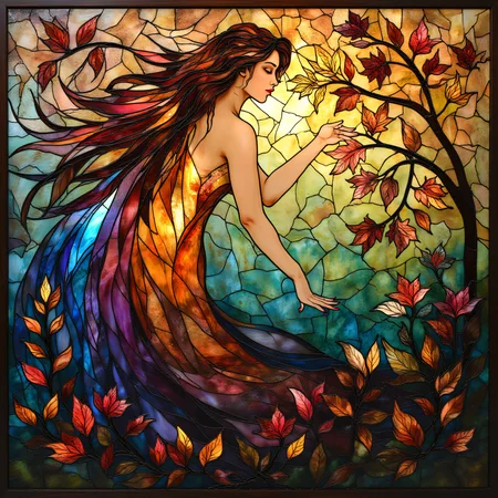 ArsMJStyle, Stained Glass, Leafy themed scene in art noveau style of a woman
