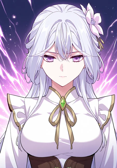 <lora:Chu_Qingcheng__Demon_Emperor__Illustrious:1>
1 girl, solo, long hair, white hair, layered hairstyle, side-swept bangs, flower hair ornament, hair flower, purple eyes,
chinese clothes, white long dress, gold-trimmed dress, brown corset, emerald gem, gem brooch, front bow, long sleeves
masterpiece, best quality, intricate details, gothic fantasy, upper body portrait, dramatic pose, confident gaze, cinematic lighting, clean background, glowing magical particles, detailed face, vibrant colors,