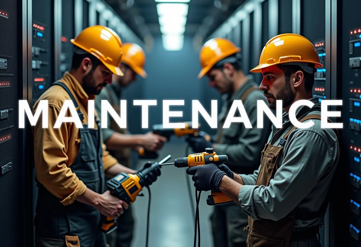 A highly detailed image of construction workers working hard in a server room with the text "MAINTENANCE" written on top. They're all sweating and using various power tools