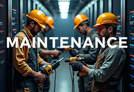 A highly detailed image of construction workers working hard in a server room with the text "MAINTENANCE" written on top. They're all sweating and using various power tools