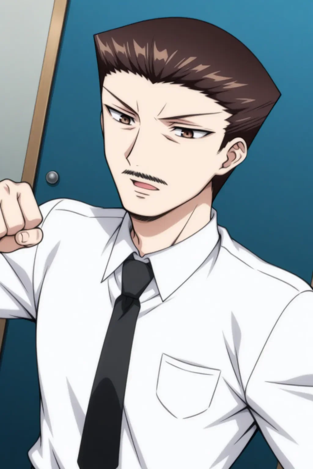 <lora:yamazaki_atsusi_ozisama_ilxl:1>masterpiece, best quality, yamazaki_atsusi_ozisama_ilxl, 1boy, male focus, (mustache:0.5), cowboy shot, dutch angle, white shirt, fighting pose, standing