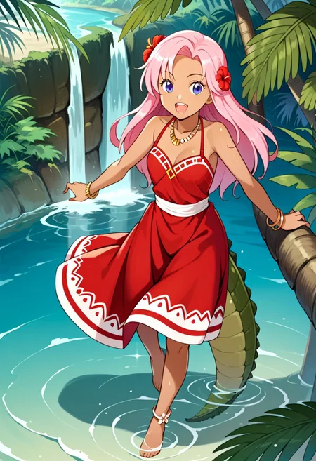 Tick tock crocodile,male animal focus,tail, crocodile ,large mouth open ,green skin, blue eyes, Tick Tock the crocodile is giant and very huge size,teeth, swimming in water,partially submerged,Tick Tock the crocodile looking at a young girl who she is standing on a tree branch hanging high up. Little_Girl_anime_manga,long hair,pink hair, dark-skinned female,the girl her very smal size, purple eyes, ancient tropical_clothe, chest_band,red very long_dress, jewelry, dark skin, smile, necklace,hair flower, bracelet, anklet, barefoot,open mouth,river,palm trees, jungle,view from above, Disney, waterfall,anime, manga
