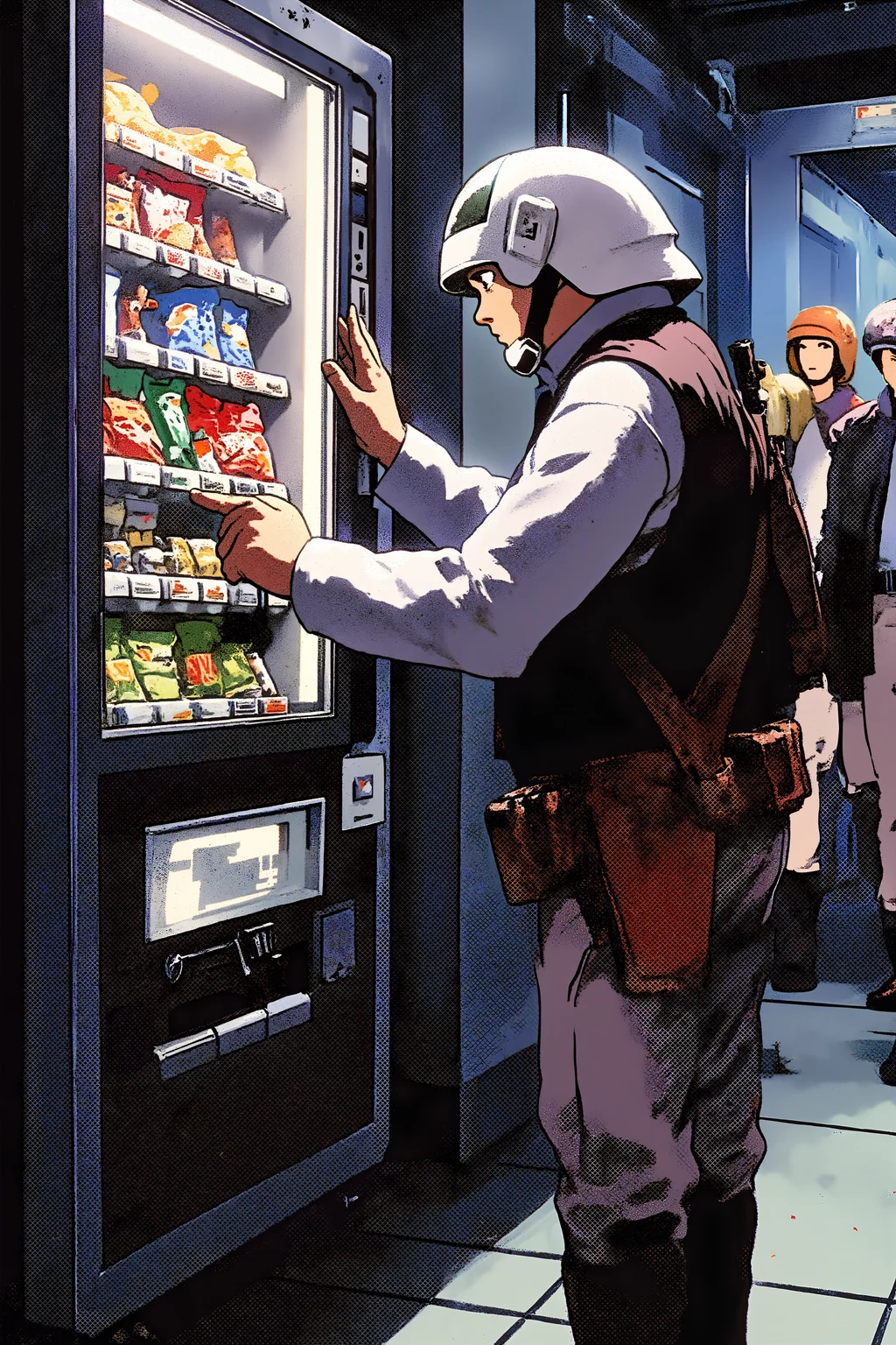 An anime screenshot close-up of a Rebel Trooper fumbling with an old-school vending machine, trying to retrieve a stuck candy bar with his blaster slung across his back. He has detailed face. His helmet is resting on the top of the machine, and his face is one of sheer frustration as he repeatedly presses the buttons. The background reveals a busy train station with commuters passing by, glancing curiously at the armored figure struggling with such a mundane problem. Realistic bags of chips and candy bars are visible inside the machine, and the Trooperâs boots squeak slightly on the tile floor as he contemplates using his blaster to solve the issue. <lora:REBEL_TROOPER_FLUX:1><lora:RetroAnimeFluxV1>