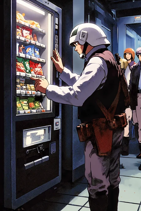 An anime screenshot close-up of a Rebel Trooper fumbling with an old-school vending machine, trying to retrieve a stuck candy bar with his blaster slung across his back. He has detailed face. His helmet is resting on the top of the machine, and his face is one of sheer frustration as he repeatedly presses the buttons. The background reveals a busy train station with commuters passing by, glancing curiously at the armored figure struggling with such a mundane problem. Realistic bags of chips and candy bars are visible inside the machine, and the Trooperâs boots squeak slightly on the tile floor as he contemplates using his blaster to solve the issue. <lora:REBEL_TROOPER_FLUX:1><lora:RetroAnimeFluxV1>
