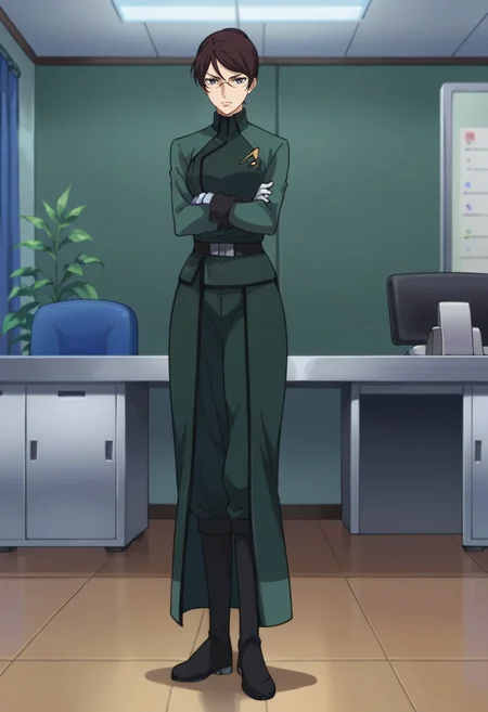 score_9,score_8_up,score_7_up,score_6_up,score_5_up,score_4_up,anime coloring BREAK source_anime,anime,<lora:Kati_Mannequin_Gundam_00_Pony:0.8>,kati,1girl,solo,purple eyes,brown hair,mole under mouth,glasses,belt,hair up,single hair bun,s2uniform,green jacket,belt,green pants,waist cape,boots,white gloves,serious,crossed_arms,standing,indoors,office,