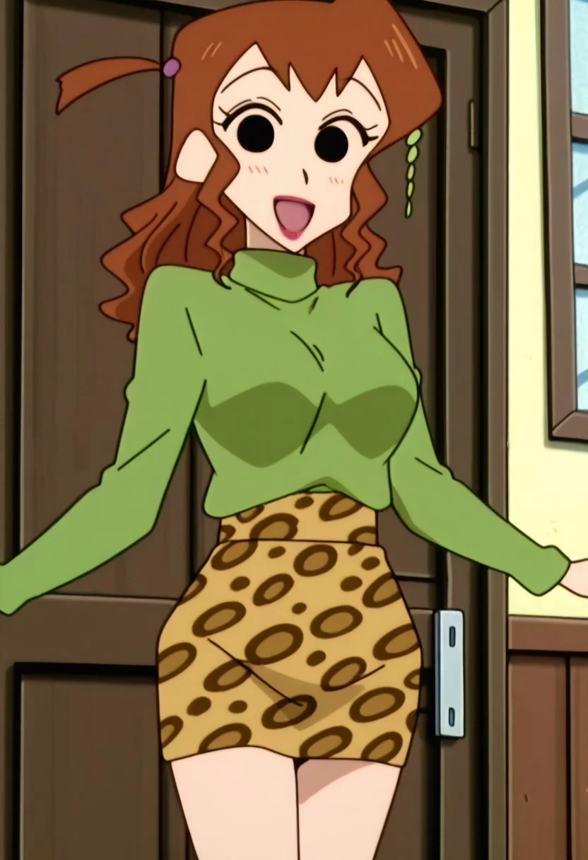 best quality, masterpiece, anime screencap, anime coloring, ultra detailed, source_anime, intricate details, perfect anatomy, looking at viewer,
atsuko kutsuzoko, long hair, brown hair, lipstick, black eyes, makeup, hair ornament, one side up,
smile, happy, breasts, open mouth,
turtleneck, door, long sleeves, bgreen shirt, shirt, cowboy shot, indoors, window, sweater, green sweater, animal print, miniskirt, standing, leopard print skirt,