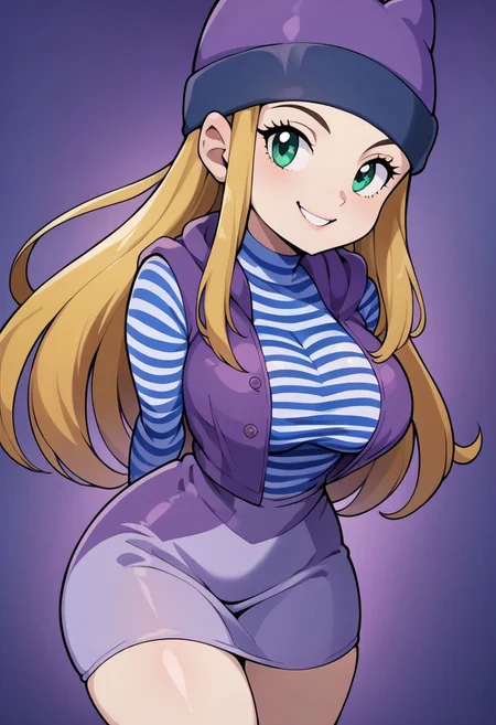 score_9, score_8_up, score_7_up, score_6_up, score_5_up, score_4_up, just describe what you want, tag1, tag2, source_cartoon, rating_questionable,
zzIzumi, perfect, green eyes, blonde hair, long hair, purple vest, striped shirt, hat, purple miniskirt,
, 1girl, beautiful, bedroom eyes, big breasts, big butt, breasts, butt, charming, cleavage, easynegative, elegant, female, flirting, four fingers one thumb, graceful, hands behind back, legs together, long hair, long legs, looking at you, perfect legs, sexy, show accurate, smiling, solo, standing, tall, thick thighs, thighs, thin waist, voluptuous, white-like-paper skin, white skin, wide hips, Vivid