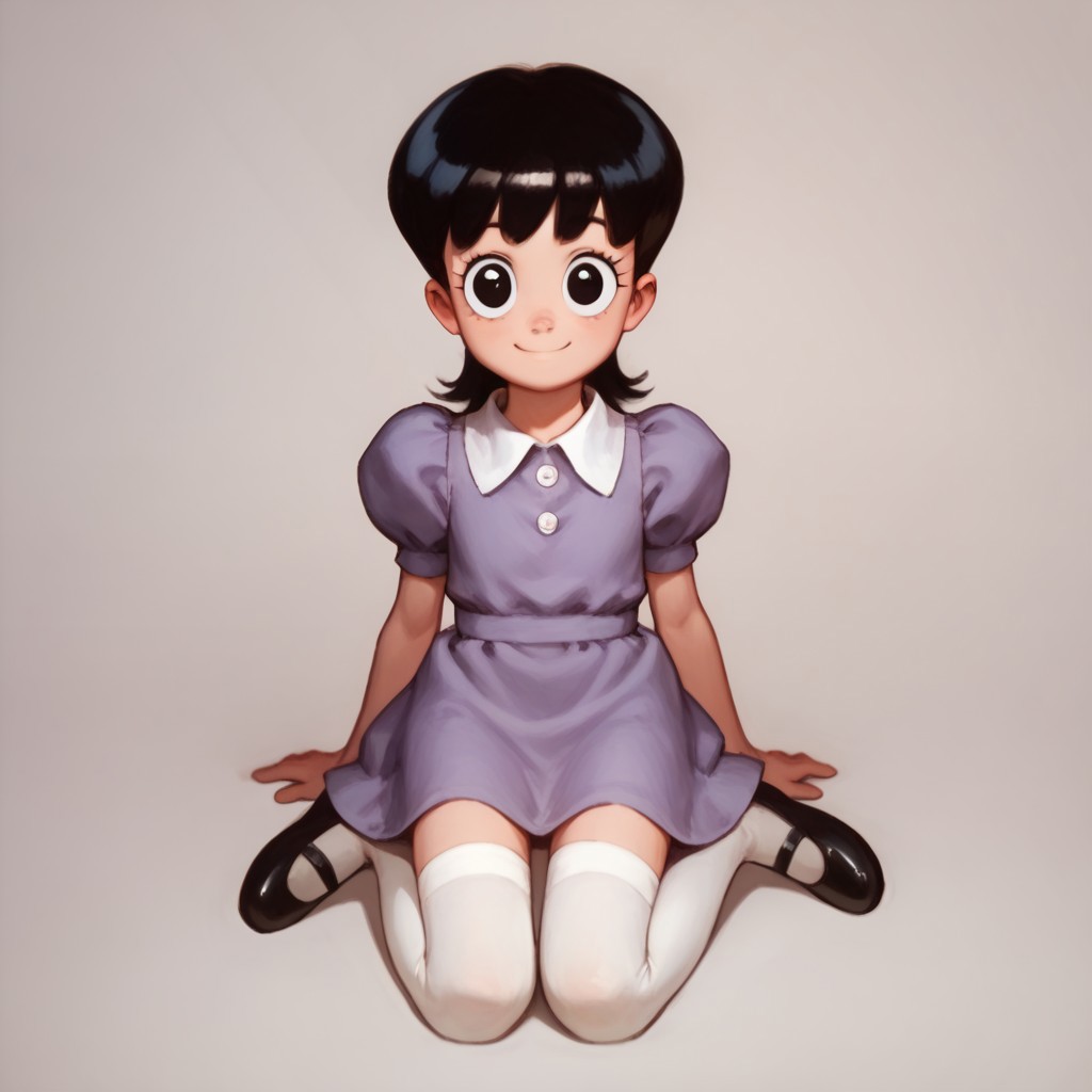 score_9, score_8_up, score_7_up BREAK AyeEyes, 1girl, black hair, black eyes, white buttoned collar, puff sleeve purple dress, white stockings, black mary jane shoes, smiling at viewer,