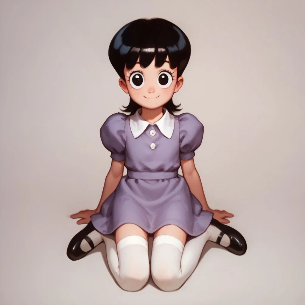 score_9, score_8_up, score_7_up BREAK AyeEyes, 1girl, black hair, black eyes, white buttoned collar, puff sleeve purple dress, white stockings, black mary jane shoes, smiling at viewer,