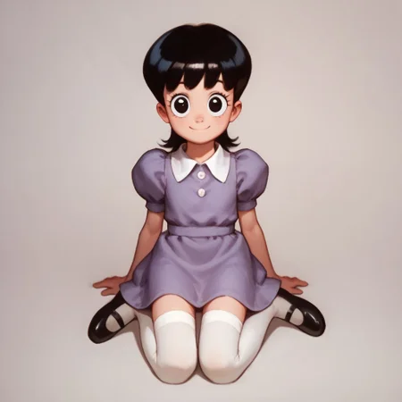 score_9, score_8_up, score_7_up BREAK AyeEyes, 1girl, black hair, black eyes, white buttoned collar, puff sleeve purple dress, white stockings, black mary jane shoes, smiling at viewer,