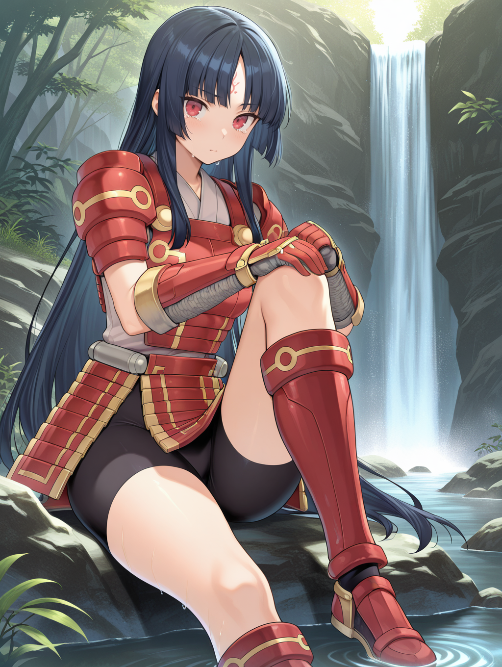 legendary six samurai - mizuho,solo,red eyes,sitting,hands on own knee,closed mouth,1girl,red armored gloves,red armored knee boots,black shorts,red armored skirt,red breastplate,white shirt,knee up,looking at viewer,waterfall,
masterpiece,best quality,amazing quality,very aesthetic,absurdres,newest,<lora:Legendary Six Samurai - Mizuho illuXL v1:0.75>,