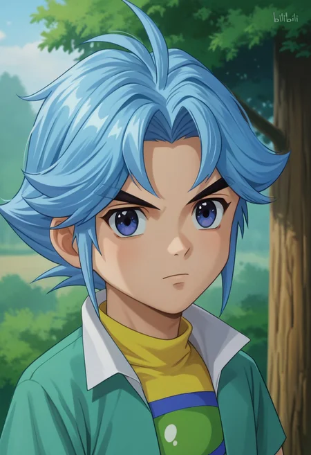 score_9, score_7_up, source_anime, 
Nangong, 1boy, male focus, solo, blue eyes, blue hair, shirt, yellow shirt, collared shirt, green shirt, portrait,
outdoor, wood,