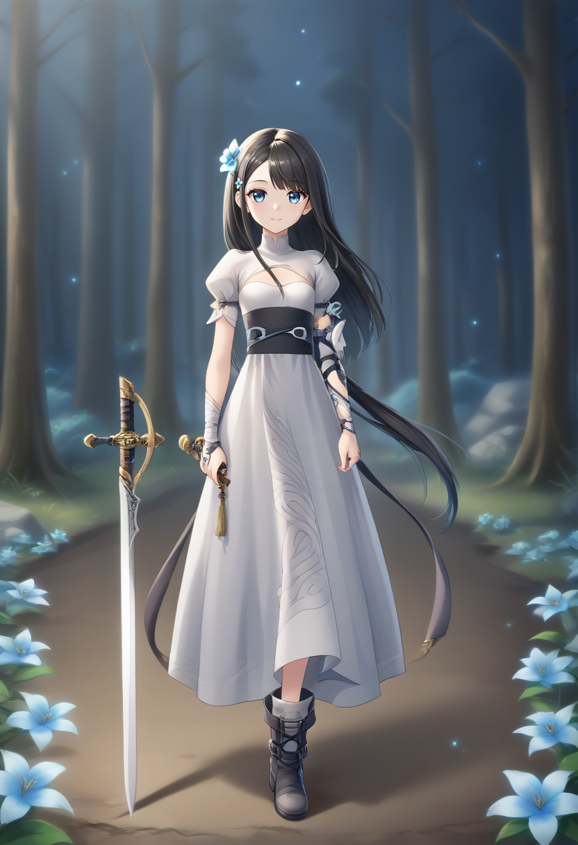 1girl, solo, long hair, looking at viewer, smile, blue eyes, forest, light particles, night, moonlit background, black hair, hair ornament, dress, holding, jewelry, closed mouth, standing, full body, weapon, flower, short sleeves, boots, puffy sleeves, sword, hair flower, holding weapon, white dress, holding sword, ring, single glove, blue flower, asymmetrical sleeves, patterned, Sarah \(terra wars\) <lora:SDXL_Hyper:1>  <lora:Timm_Style_XL:1> <lora:StaC_un:1>