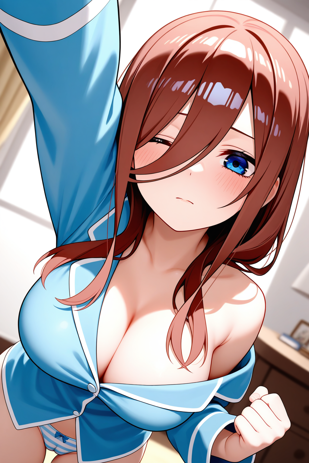 nakano miku, 1girl, arm up, blue eyes, blue pajamas, blue panties, blue shirt, bow, bow panties, breasts, brown hair, cameltoe, cleavage, clenched hand, closed mouth, hair between eyes, indoors, large breasts, long bangs, long hair, looking at viewer, no pants, one eye closed, pajamas, panties, shirt, single bare shoulder, solo, striped clothes, striped panties, underwear, masterpiece, best quality, absurdres, amazing quality