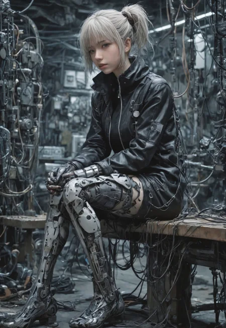Blame! by Tsutomu Nihei cyber girl is sitting on a bench in a factory, cables and tubes everywhere, patterns, easynegative, ng_deepnegative_v1_75t