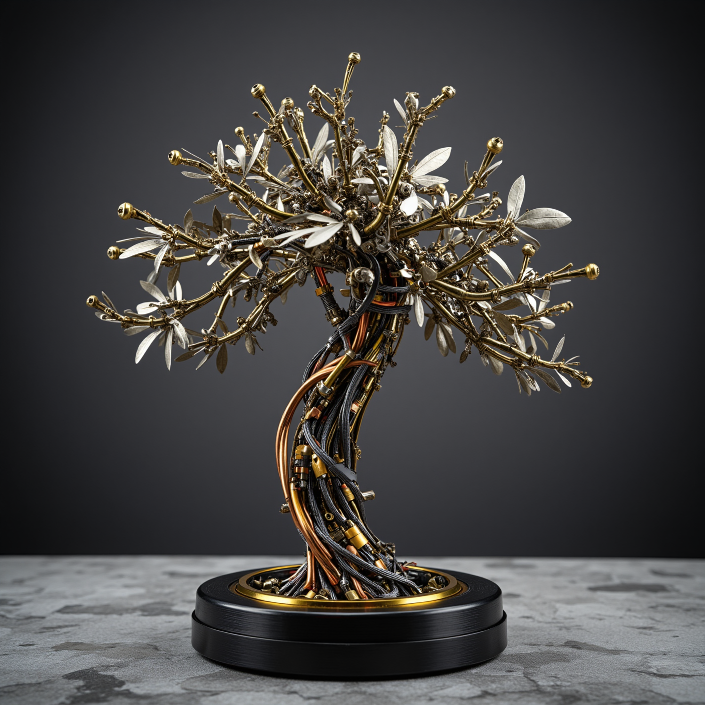 a highly detailed mechanical bonsai tree on a black pedestal, branches made of segmented brass and brushed copper tubes, leaves replaced by fine titanium mesh panels shaped into natural foliage silhouettes, trunk composed of intertwined steel cables and gear-wrapped rods, visible micro-actuators along each branch for movement, roots embedded into a steel and carbon fiber baseplate with glowing sensor rings, background is a minimalist stone garden with mist, photoreal, extreme attention to metal texture and scale  








mg-mk.1