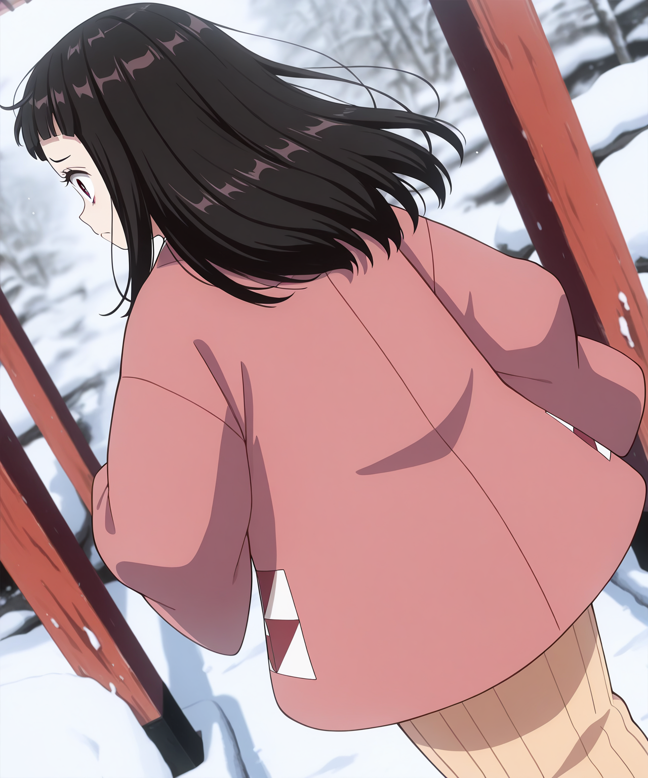 1girl,
KamadoHanakoKimetsunoYaiba, 
general, solo, perspective, dynamic angle, from behind,
eyelashes, pink kimono, hanten \(clothes\), yellow kimono, 
frown,
snow, japan,
depth of field, 
<lora:kp_KamadoHanakoKimetsunoYaibaIllustrious_v1_0:1.0>,
masterpiece, best quality, amazing quality
