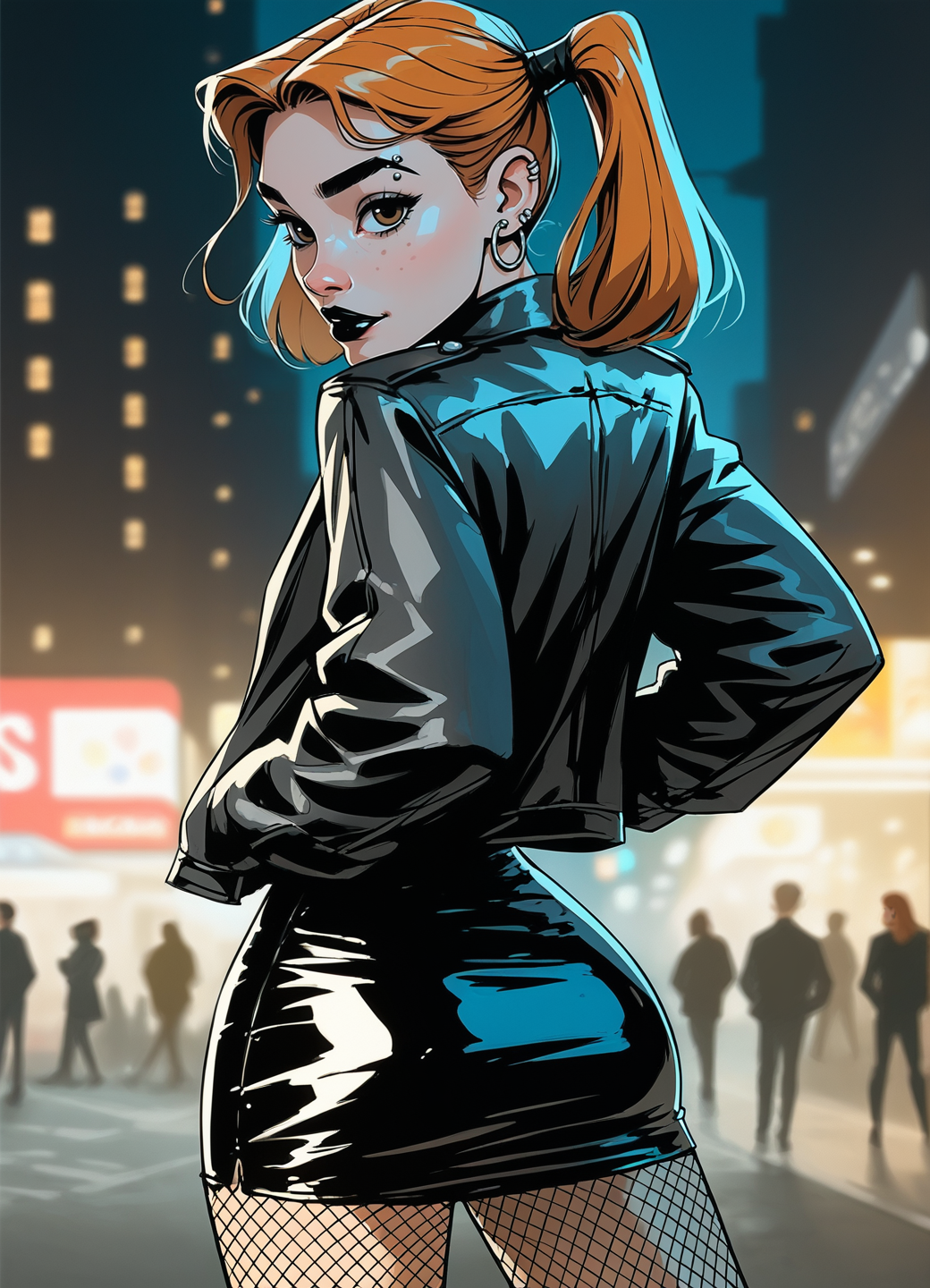 (samdoesarts:0.5), lizchiefffff, sinozick, score_9, score_8_up, at night, city background,
<lora:xgrl03-000010:0.7> xgrl, eyelashes, ginger hair, freckles, black makeup, black lipstick, piercings, eyebrow piercing, earrings, brown eyes, looking back at viewer, expressionless, seductive,
high twintails, wide hips, black jacket, short leather jacket, black leather skirt, tight skirt, fishnet pantyhose,
solo, butt, posing, hands in pockets
