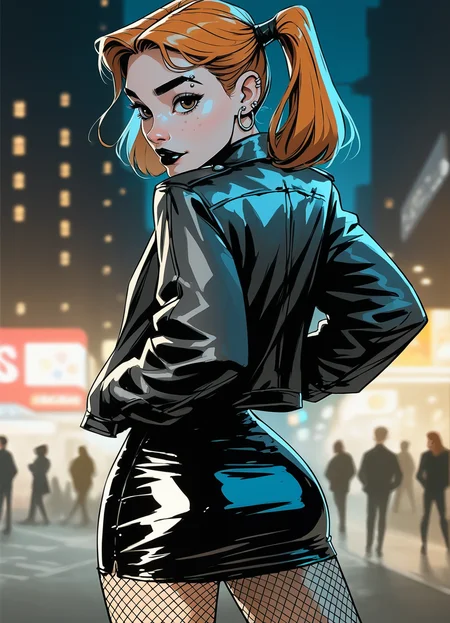 (samdoesarts:0.5), lizchiefffff, sinozick, score_9, score_8_up, at night, city background,
<lora:xgrl03-000010:0.7> xgrl, eyelashes, ginger hair, freckles, black makeup, black lipstick, piercings, eyebrow piercing, earrings, brown eyes, looking back at viewer, expressionless, seductive,
high twintails, wide hips, black jacket, short leather jacket, black leather skirt, tight skirt, fishnet pantyhose,
solo, butt, posing, hands in pockets