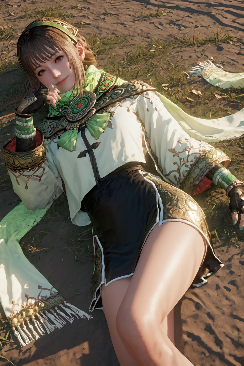 score_9, score_8_up, score_7_up, source_anime, Lying on the side, pretending to laugh uncontrollably, <lora:Bao_Sanniang_Dynasty_Warriors:0.8> girl, solo, brown hair, brown eyes, fingerless gloves, skirt, jewelry, scarf, green nails