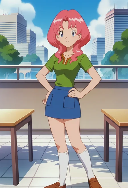 score_9, score_8_up, score_7_up, score_6_up, anime screencap, anime coloring, 1girl, solo, <lora:PMSensationalSisters_epoch_10:0.8>, PMLily, pink hair, short hair, blue eyes,
green shirt, v-neck, short sleeves, blue skirt, kneehighs, white socks, brown shoes,
smile, looking at viewer, hand on own hip, 
BREAK outdoors, cafe, day, sunbeam, city, table,