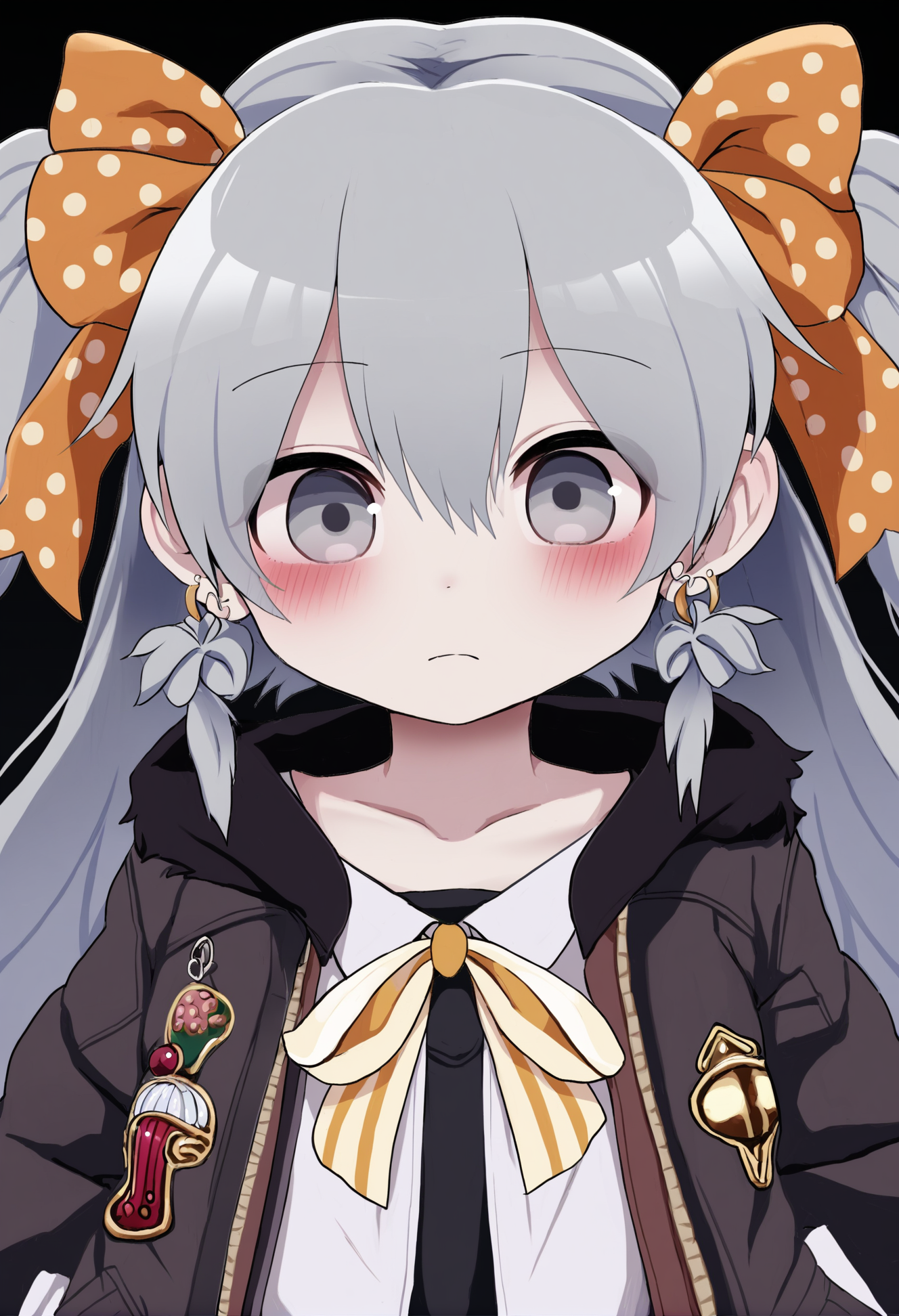 masterpiece, hyper detailed, best quality,(furry:1.3),1girl, bronya zaychik, twin drills, solo, drill hair, jewelry, looking at viewer, earrings, brown jacket, jacket, bangs , black background, closed mouth, grey eyes, simple background, grey hair tie, hair between eyes, shirt, polka dot, ribbon, hair bow, polka dot bow, long hair, yellow bowtie, hair ribbon  ,<lora:DAGASIXLlokr8f-000188:0.95>