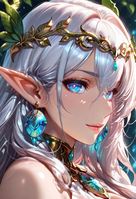 (masterpiece), (best quality), (ultra-detailed) A stunning silver-haired female elf with striking blue eyes, elegantly adorned with a golden laurel headpiece, intricate gemstone jewelry, and a finely crafted choker. She has delicate, ethereal features and a serene expression, embodying grace and mystique. Her long, flowing hair frames her face, Detailed eyes, colourful eyes detailed beautiful eyes, very high resolution eyes, black pupils, detailed beautiful eyes, sharped sightings, Light particle, medium shot, 70mm film, gorgeous lip, soft lips, detailed lips, glossy lips, and her pointed ears are adorned with gold and blue crystal earrings. an elegant face, The background is a soft, pure white with gentle green leaves floating around, adding a sense of natural harmony. Rendered in a high-quality anime art style with fine details, soft shading, and a refined color palette, the portrait captures an enchanting fantasy aesthetic in a close-up, side-profile composition. SmoothNoob_Quality