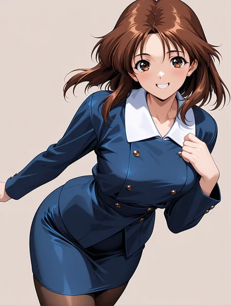 masterpiece,best quality,newest,1girl,solo,
<lora:kiyomi_ilxlv1.4:1>,
kiyomi,brown hair,brown eyes,formal,white collar,long sleeves,blue pencil skirt,skirt suit,pantyhose,blue clothes,
<lora:Fixhands_anime_bdsqlsz_V1:1>,looking_at_viewer,white_background,simple_background,dynamic_angle,cinematic_angle,light_blush,cowboy_shot,grin,hand_in_hair,