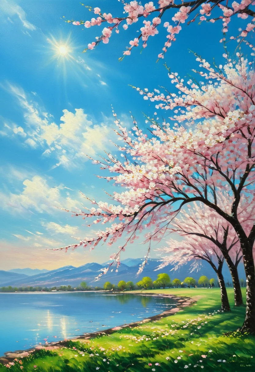 oil painting, Cherry blossoms, Sky (blue), Flowers (pink), Natural scenery, Fresh and clean, Cherry blossom tree, Springtime, Beautiful landscape, Sunlight, Warm atmosphere<lora:xl_more_art-full_v1:0.3><lora:oil_SDXL_v1.0:0.8>