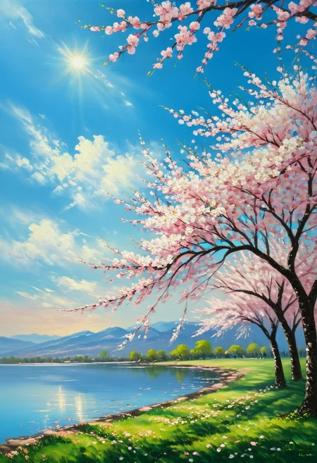 oil painting, Cherry blossoms, Sky (blue), Flowers (pink), Natural scenery, Fresh and clean, Cherry blossom tree, Springtime, Beautiful landscape, Sunlight, Warm atmosphere<lora:xl_more_art-full_v1:0.3><lora:oil_SDXL_v1.0:0.8>