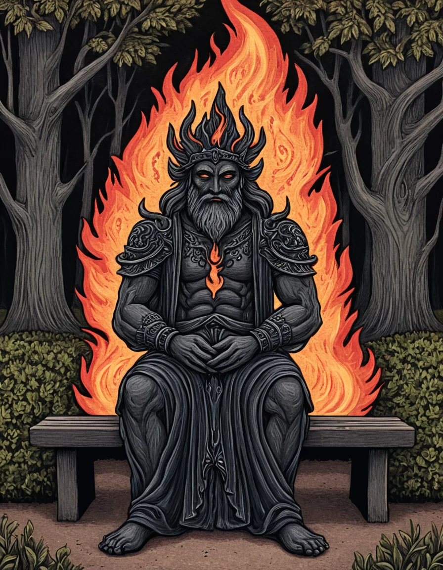 novuschroma81 style deity of fire sitting on a park bench illustration <lora:novuschroma81 style:1>