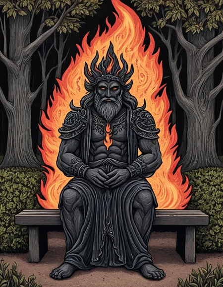 novuschroma81 style deity of fire sitting on a park bench illustration <lora:novuschroma81 style:1>