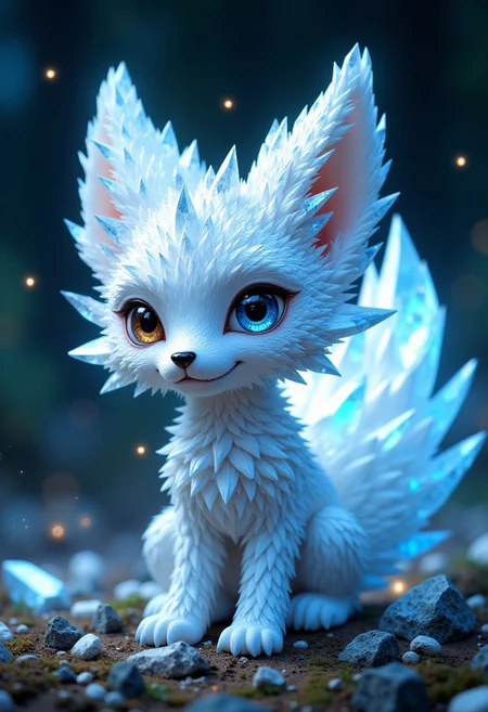 Epic closeup photo insane details of a unique fantasy pet companion that resembles a small white fox with crystalline fur and detailed features. Its fur is made of gleaming, semi-transparent crystals that reflect light in iridescent light blue colors. The creature has an adorable expression and impressive tail, made of fine, glass-like crystals. Its eyes are sharp and gleaming. When it moves, it leaves a trail of sparkling dust, and its slow but deliberate pace gives it a sense of ancient wisdom. detailed textures, whimsical, cinematic. advntr