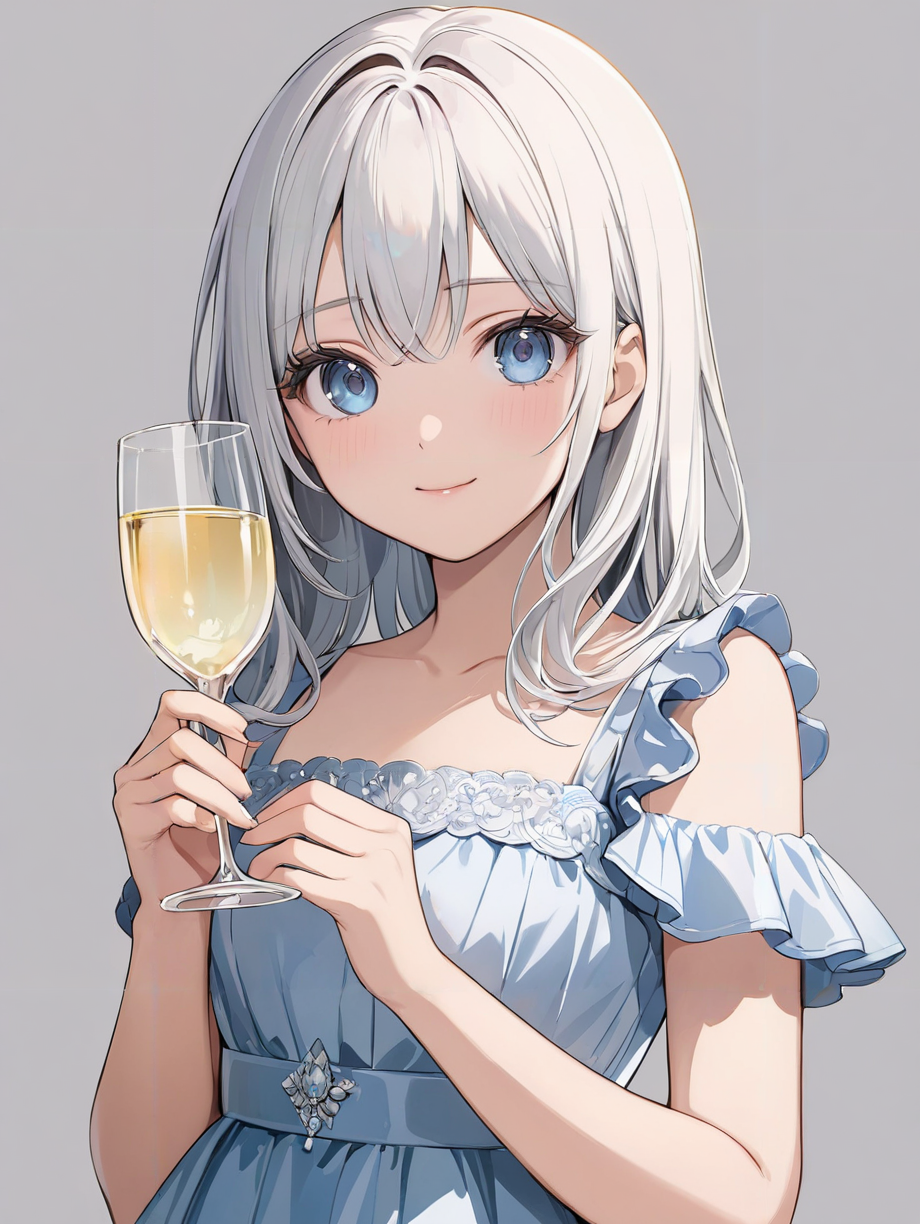 masterpiece,ultra-detailed,best quality,8K,illustration,cute face,clean skin ,shiny hair,girl,ultra-detailed-eyes,simple background, <lora:add-detail-xl:1> <lora:holding glass_XL_V1.0:0.8> holding glass, champagne,dress