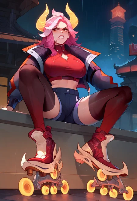 score_9, score_8_up, score_7_up, 1girl,  ultra detailed, LunaMF, large breasts, red eyes,pink hair, yellow glowing horns, crop jacket, night city, night lights, rain, wet, angry, gritted teeth, gradient thigh highs,shorts,roller skates,