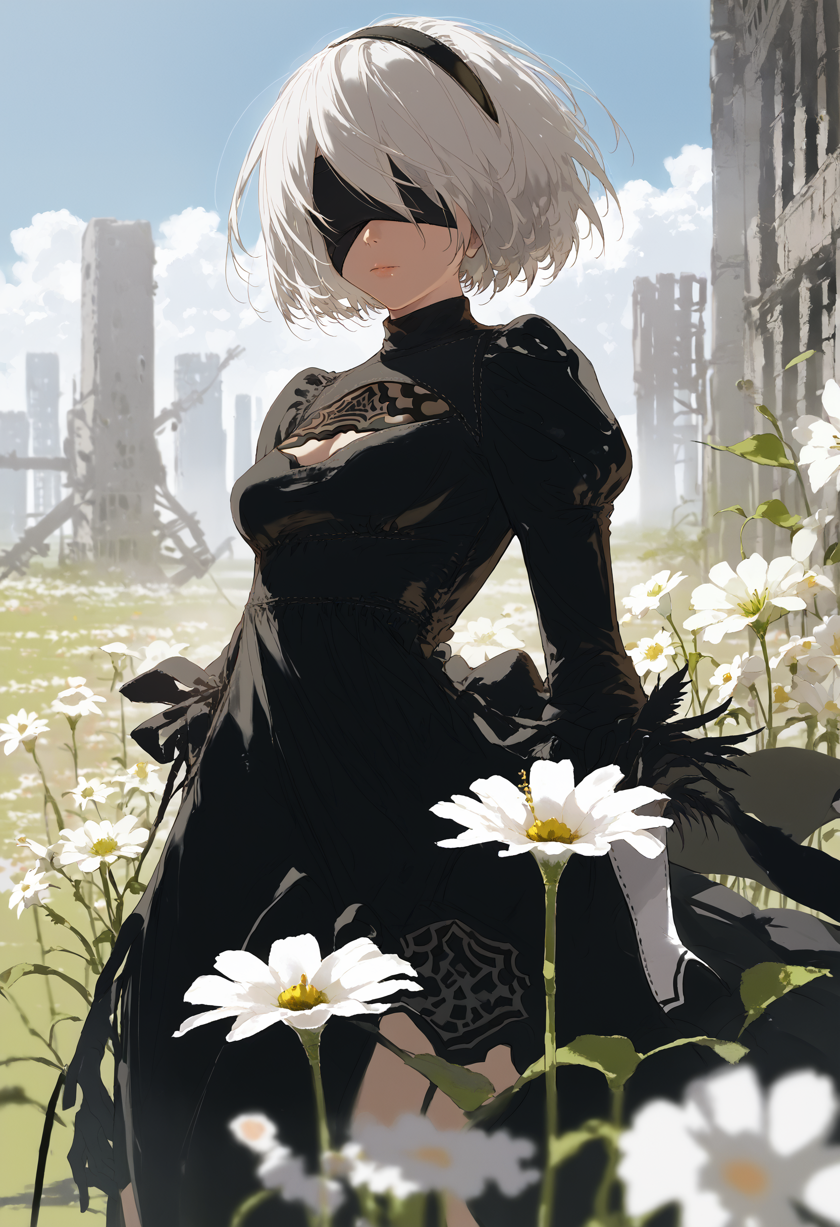 score_9, score_8_up, score_7_up, 1girl, yorha no. 2 type b, black dress, depth of field, foreshortening, black blindfold, cloudy sky, city ruins,flower field, white flower
<lora:style_redum_pony_2:1>