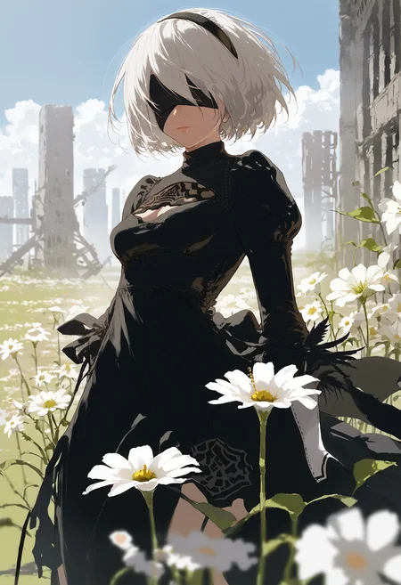 score_9, score_8_up, score_7_up, 1girl, yorha no. 2 type b, black dress, depth of field, foreshortening, black blindfold, cloudy sky, city ruins,flower field, white flower
<lora:style_redum_pony_2:1>