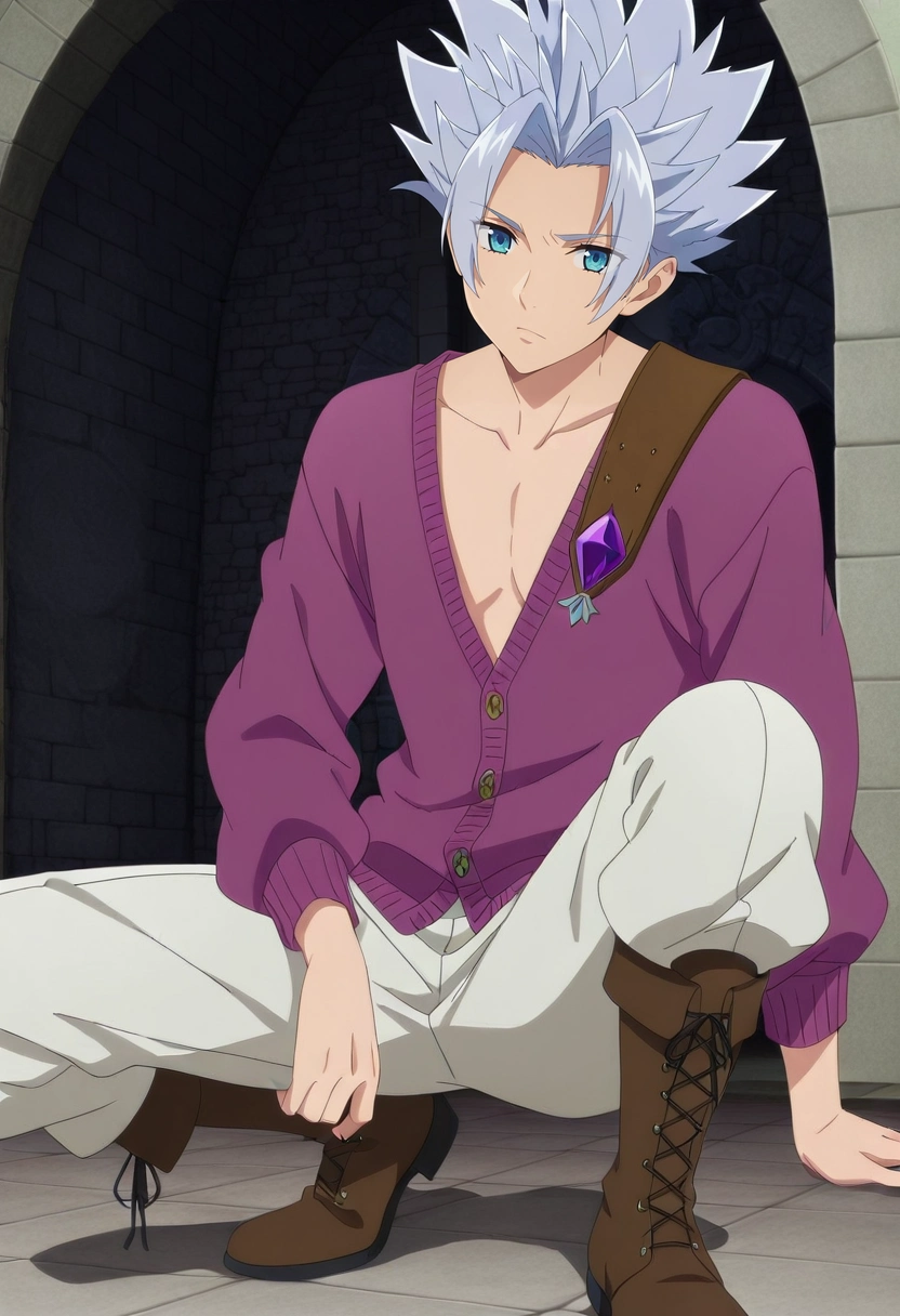 masterpiece, best quality, intricate details, anime screencap, anime coloring, ,, 1boy, solo, male focus, <lora:arden_nnt_ilxl:1>, arden_nnt, grey hair, blue eyes, short hair, spiked hair, , , Wide-leg pants, Amethyst Henley cardigan, Monk strap boots, ,