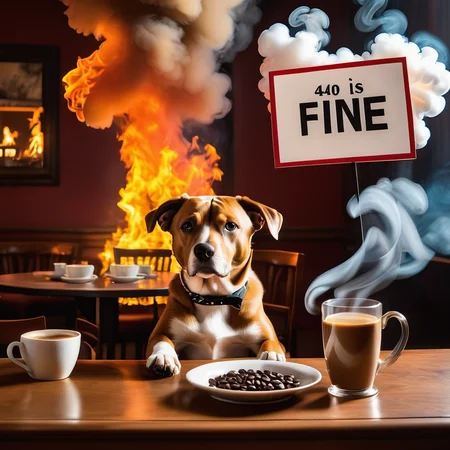 Surrealist art <lora:404-CIvitAI-lora:1> 404, text 404, logo 404, Civitai404, ffusion404, a dog sitting at a table with a sign saying this is fine, this is fine, fine dining, fine professional photo, the background is on fire, fine portrait, smoke, fire, an award winning photo, upset the coffee does not work, award winning pet photography, very intense, coffee smell, portrait shot, in a coffee shop, there is fire everywhere . Dreamlike, mysterious, provocative, symbolic, intricate, detailed . Dreamlike, mysterious, provocative, symbolic, intricate, detailed