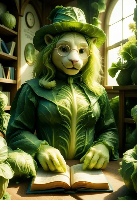 An anthropomorphic white lion looks out at an audience, while reading aloud from a magical book, black and pink magician outfit, small round glasses, hat. An opened impressive magic book, (book cover made of cabbage leafs, cabbage, cjdl:1.5), (leaking green fluo neon acid from inside to the outside, TOXNEO:1.2). (side view, 3/4:1.4), (focus on the book pages:2). Rays of light coming from inside the book.
The atmosphere is magical and dreamy.
Dusk, blue sky, orange rays of sun. dutch-angle, (foreshortening, perspective:2).
