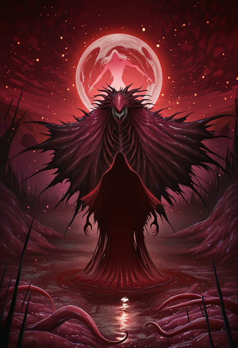 MASTERPIECE, AMAZING QUALITY, 3NDL3SS, SILHOUETTE, MONSTER, SHARP FANGS, FLESH CLOAK, BLOODY, RED PARTICLES, RED SWAMP,