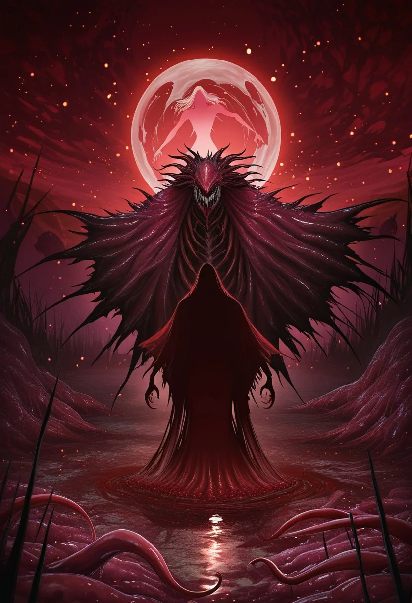 MASTERPIECE, AMAZING QUALITY, 3NDL3SS, SILHOUETTE, MONSTER, SHARP FANGS, FLESH CLOAK, BLOODY, RED PARTICLES, RED SWAMP,