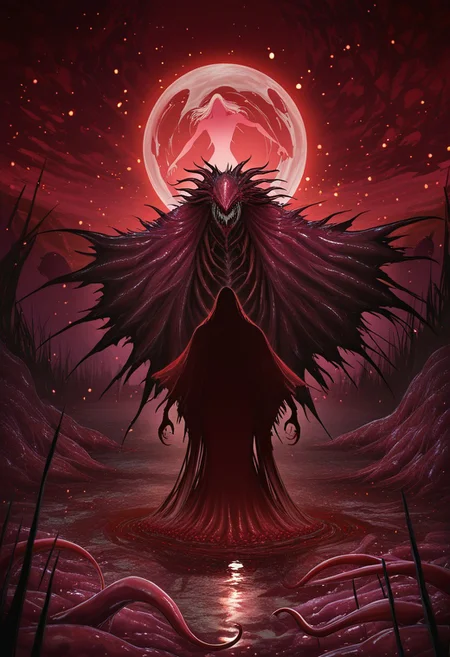 MASTERPIECE, AMAZING QUALITY, 3NDL3SS, SILHOUETTE, MONSTER, SHARP FANGS, FLESH CLOAK, BLOODY, RED PARTICLES, RED SWAMP,
