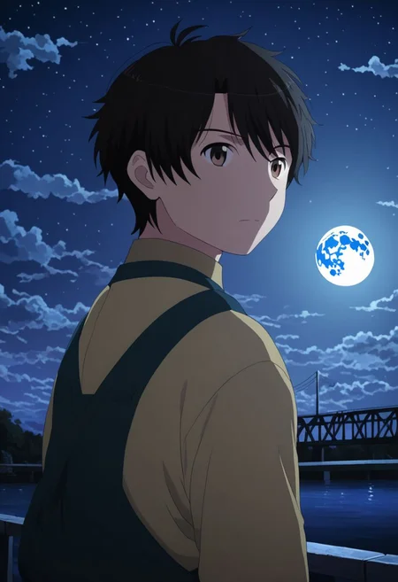 high resolution, solo, best quality, 1Boy, Inaho Kaizuka, Black Hair, Brown Eyes, depth of field, moon, fantastic night, dreamlike, midle of bridge, OverallDetail