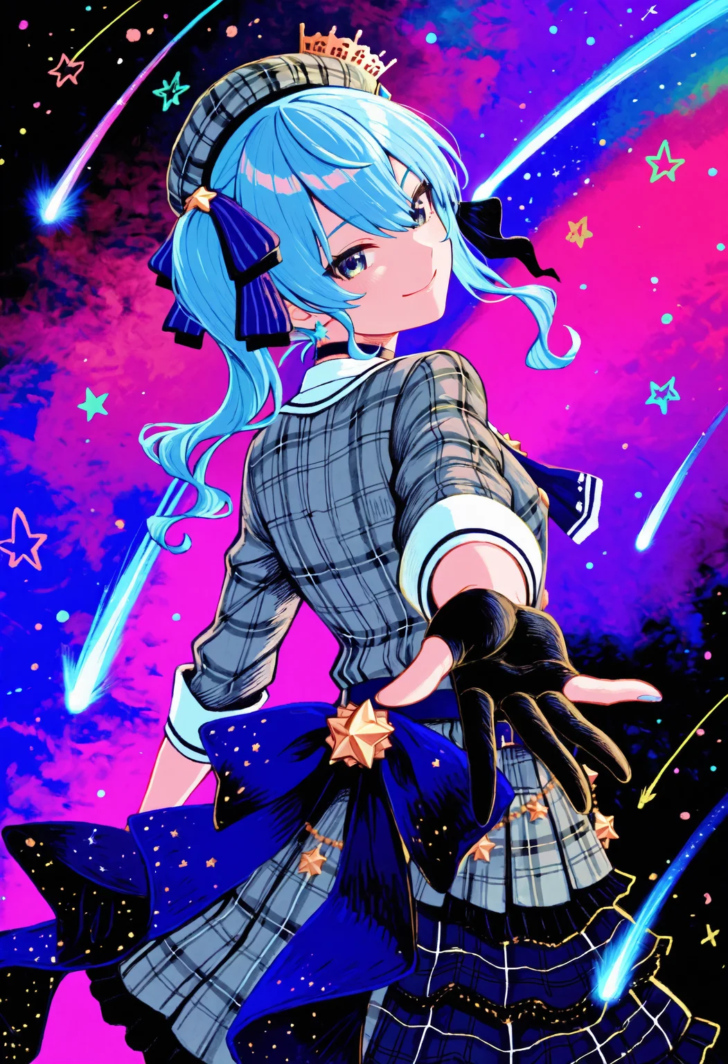 <lora:Style_OtonohaAika:1>, colorful, multicolored background, abstract background, hoshimachi suisei \(1st costume\), partially fingerless gloves, star \(symbol\), comet, hatching \(texture\), reaching towards viewer, from behind, looking back, smile, masterpiece, best quality